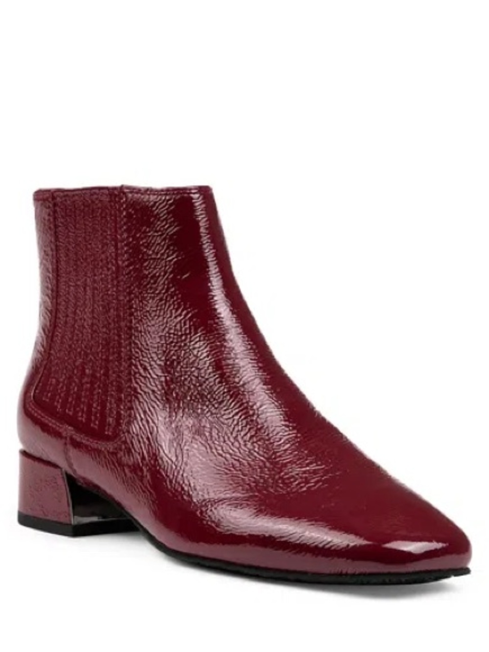 Donald Pliner Dasia square toe chelsea boot in Cranberry crinkle patent leather.